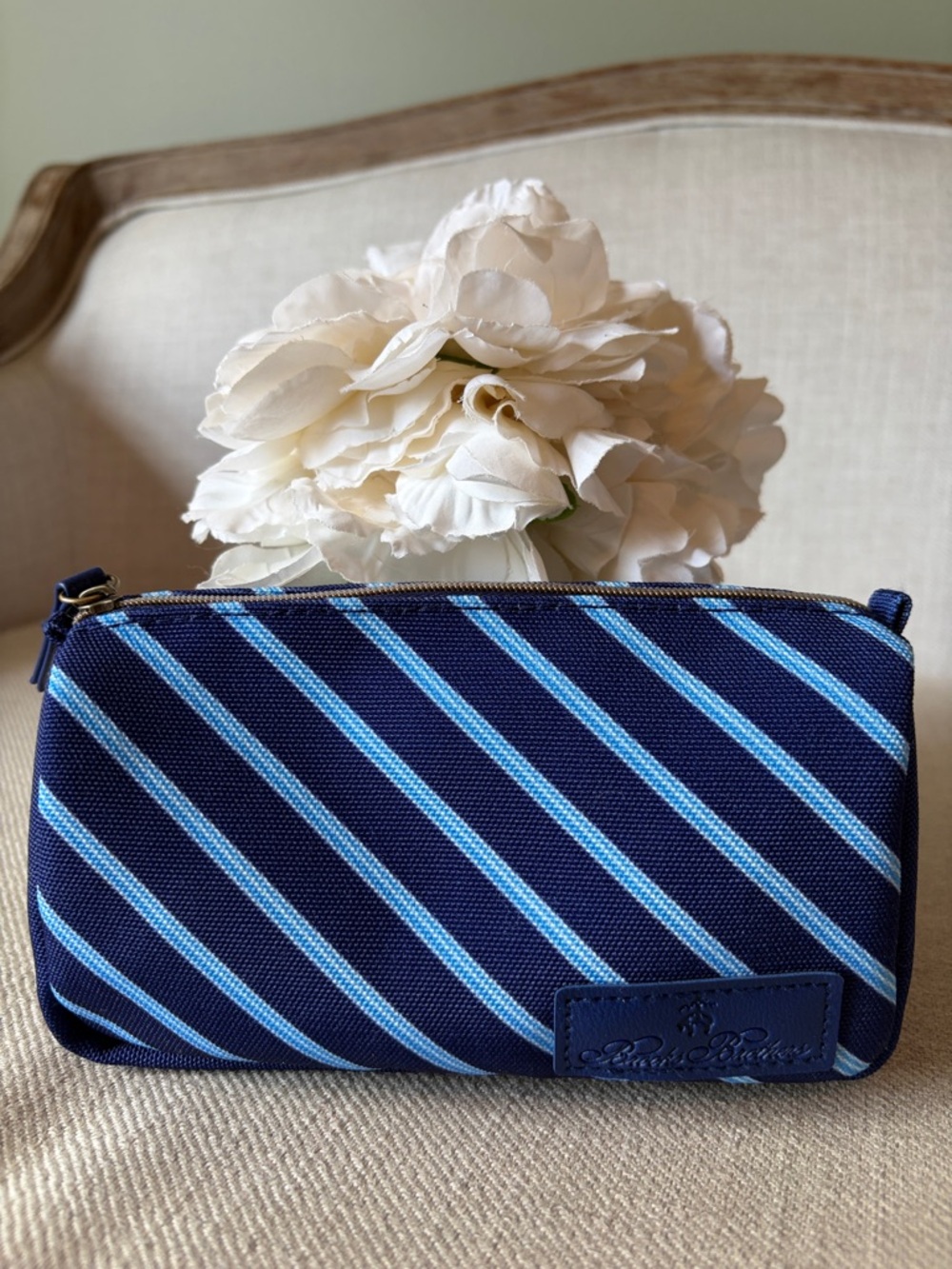Brooks Brothers Navy and Light Blue Diagonal Stripe Cosmetic Pouch